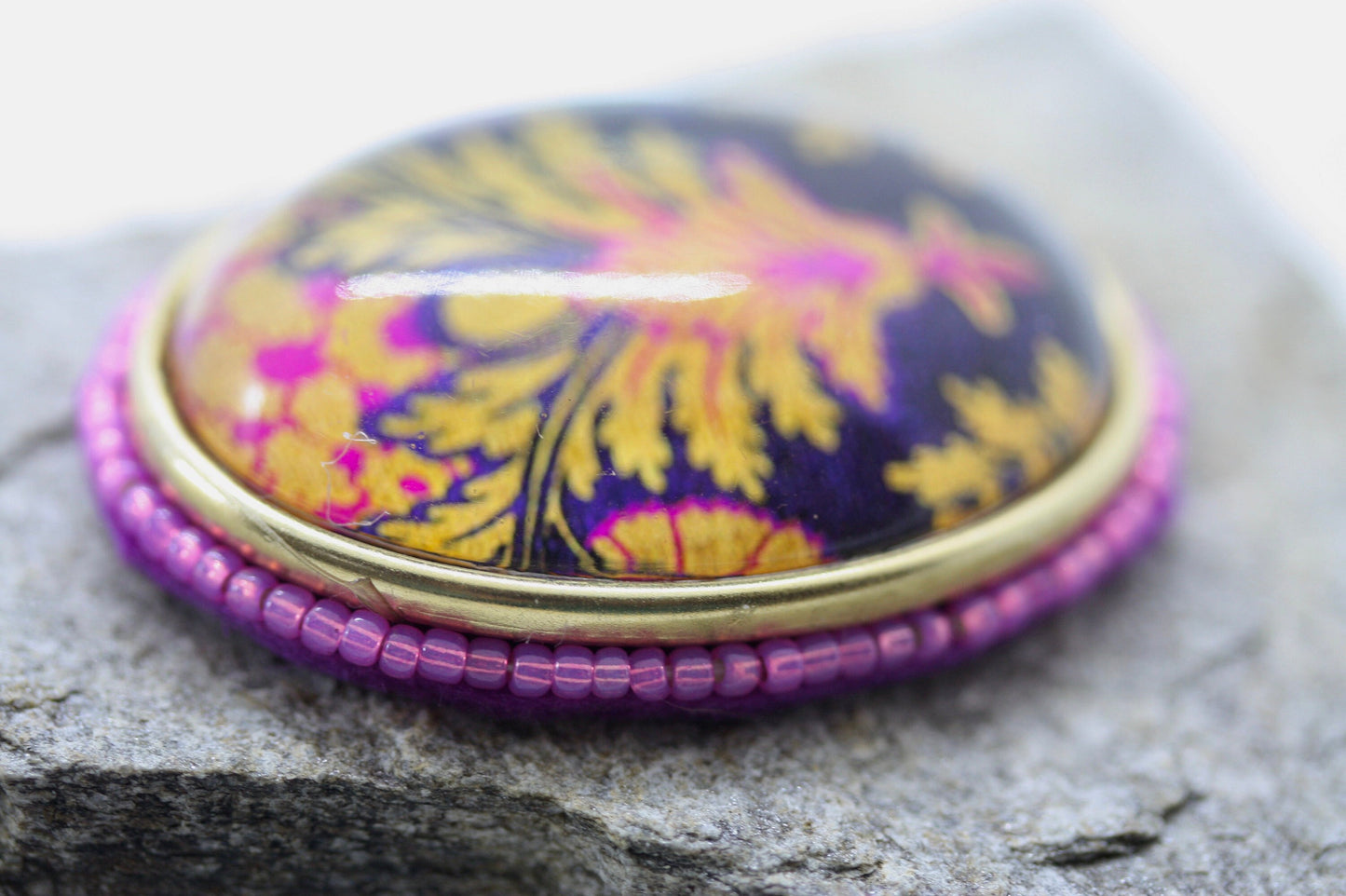 Handmade. beadwork and mixed material pink, purple and goldtone necklace pendant OR pin