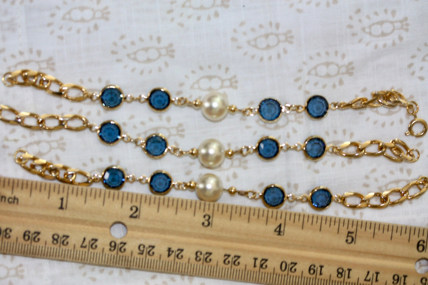 Blue crystal and faux pearl upcycled bracelet