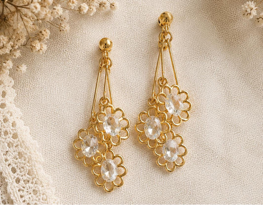 Vintage Avon Dangling Daisy Clip On Earrings in Original Box | Signed Gold Tone Crystal Dangle Earrings | 2.25" Floral Statement Jewelry