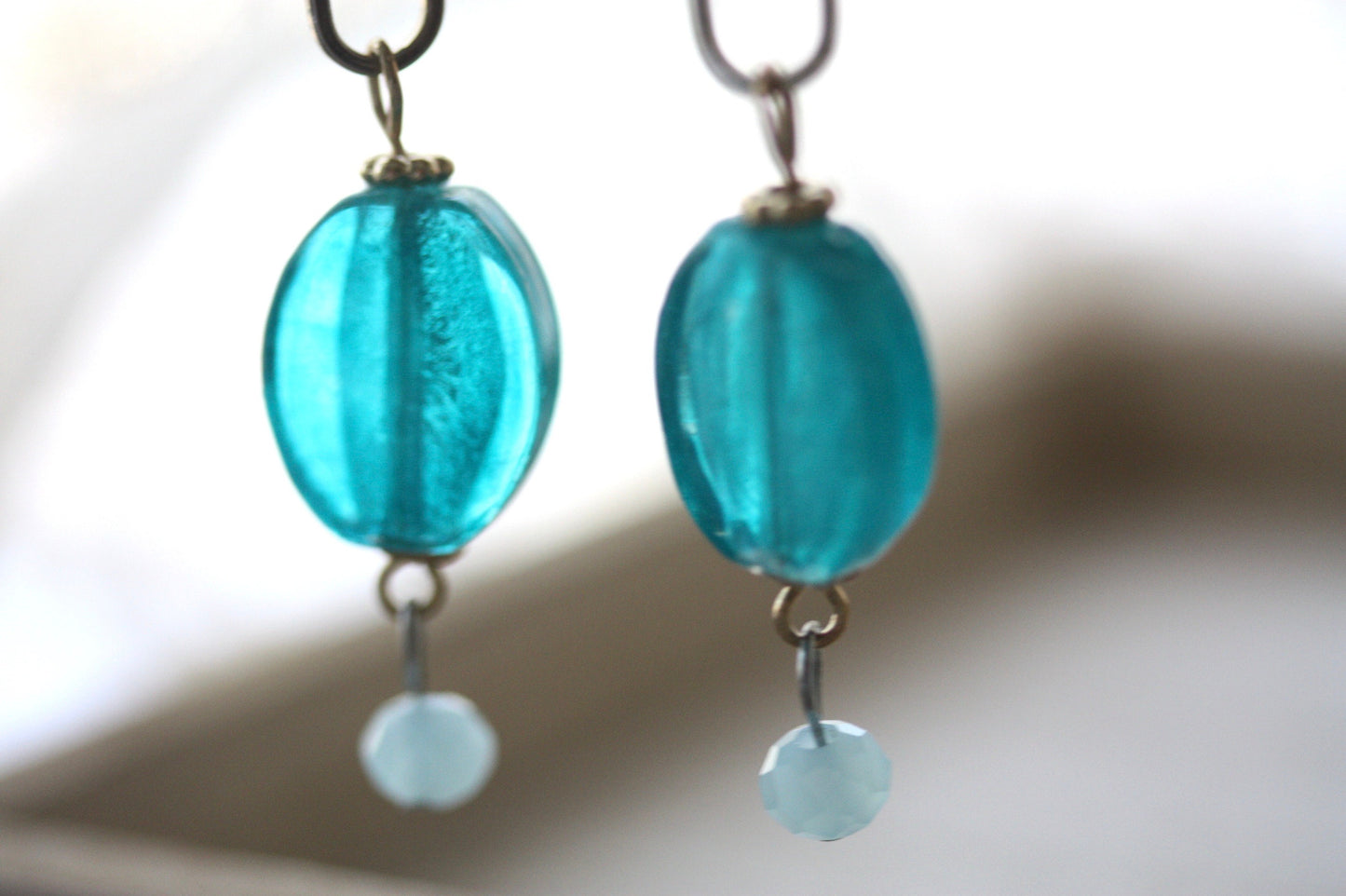 Turquoise glass and gold metal drop earrings