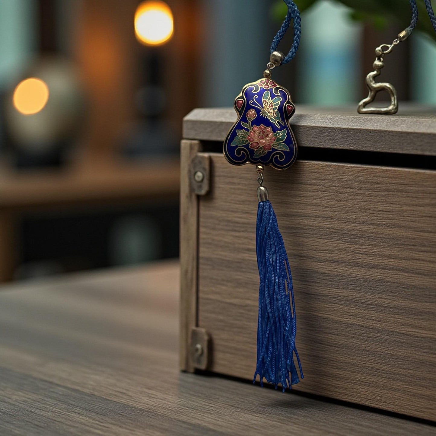Vintage Cloisonné Floral Tassel Necklace Blue Enamel Asian Pendant