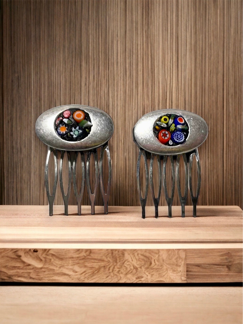 Pair of one-of-a-kind handmade Italian glass micro mosaic hair combs with millefiori