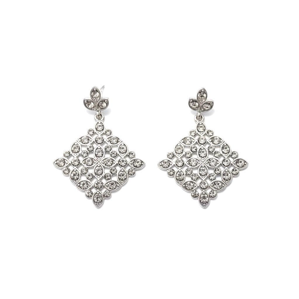 Elegant Silver-Tone Floral Design Statement Earrings with Sparkling Rhinestones