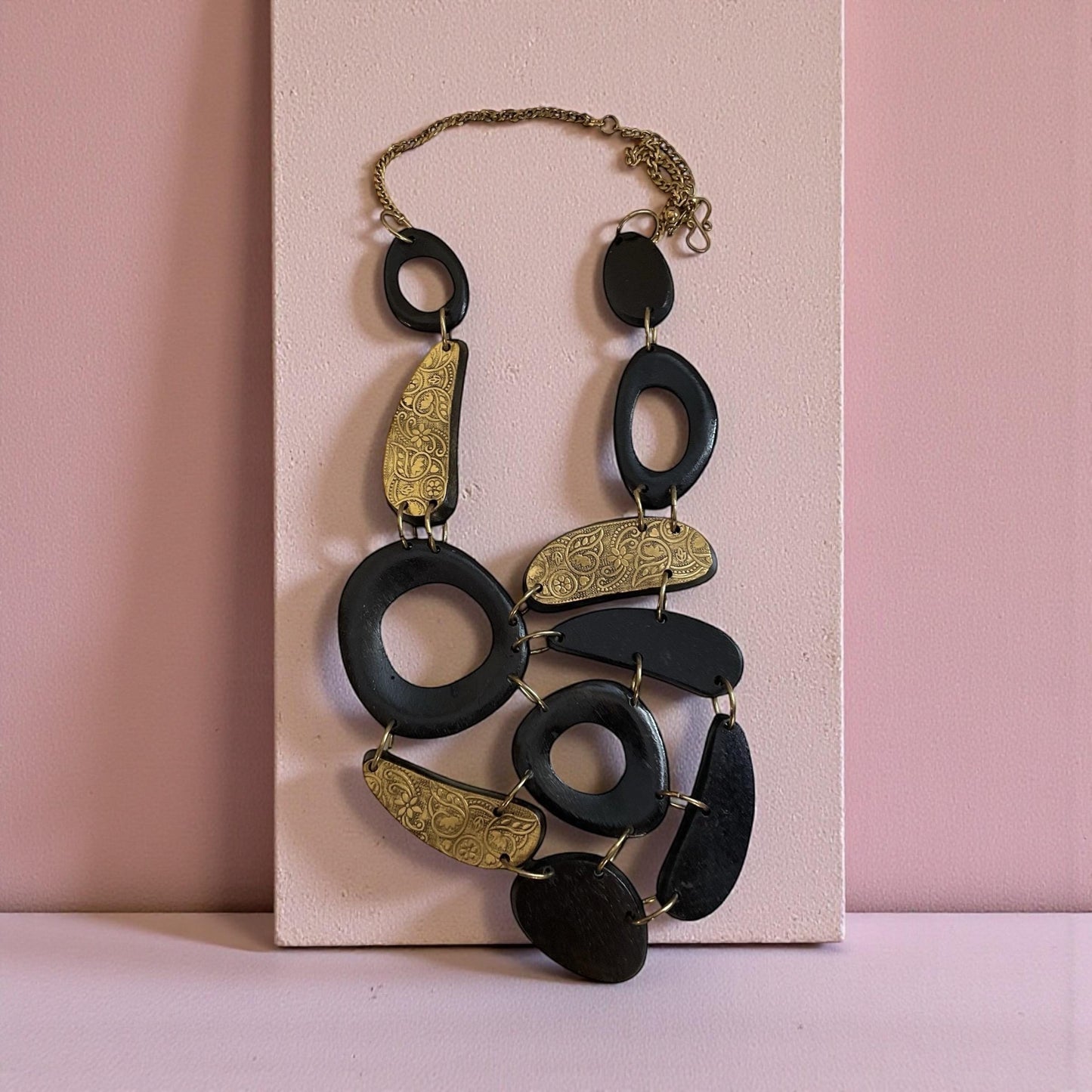 Vintage Wood Statement Necklace | Large Mixed Wood and Brass Tone Links | Boho Artisan Style Necklace | Chunky Wood Jewelry
