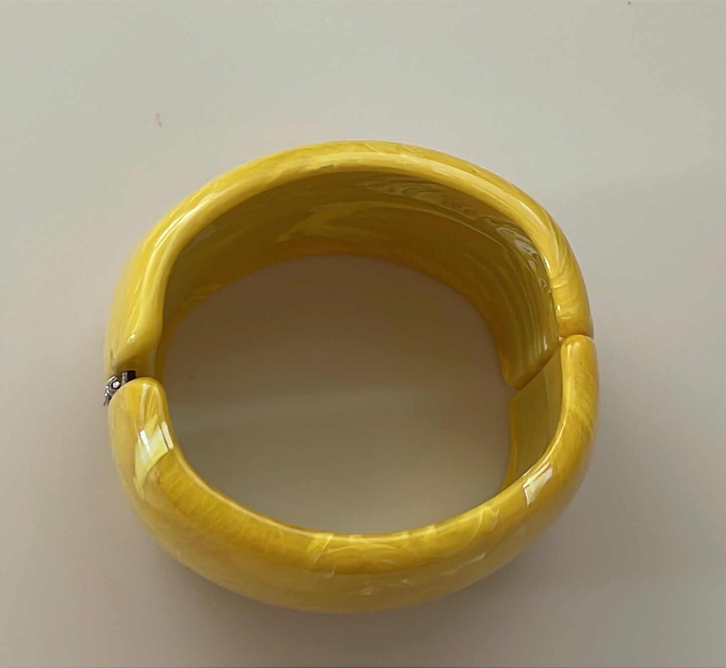 Vintage Canary Yellow Lucite Clamper Bracelet • Wide Marbled Bangle • Chunky Statement Jewelry • Retro Cuff