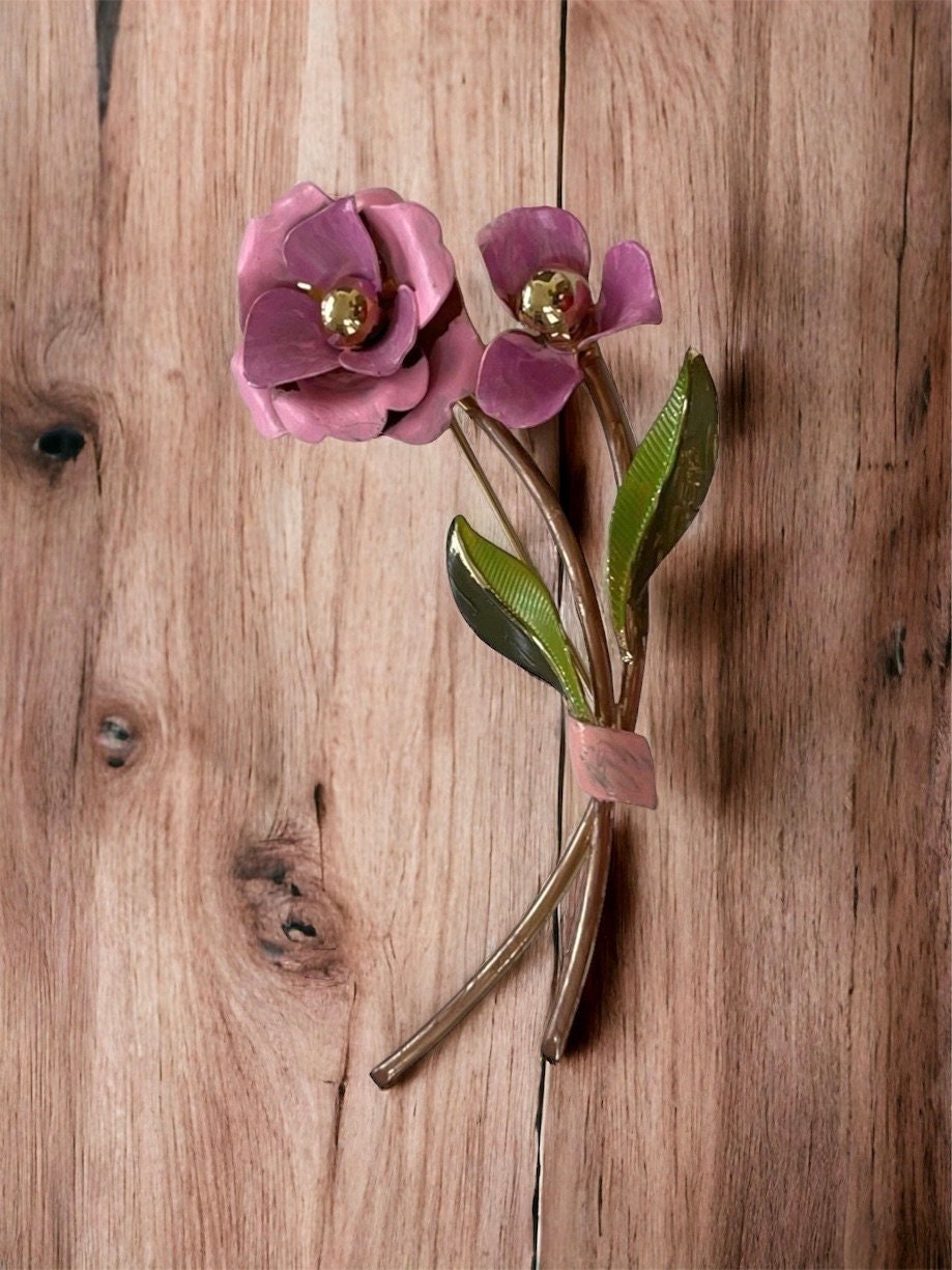 Huge 4" hand painted vintage pink flower pin
