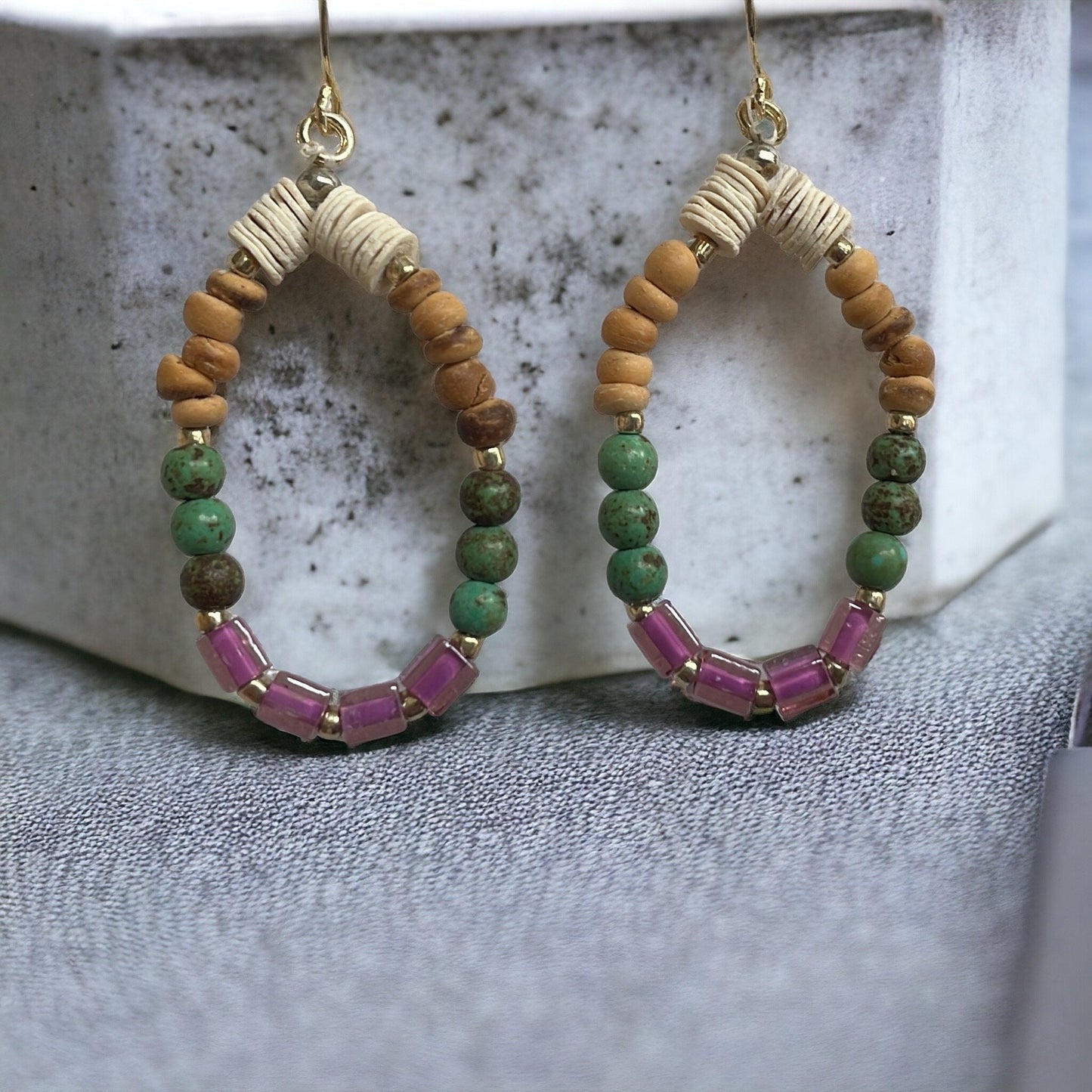 Handmade beaded dangle earrings - purple glass cubes, cream heishi beads, wood and metal spacers