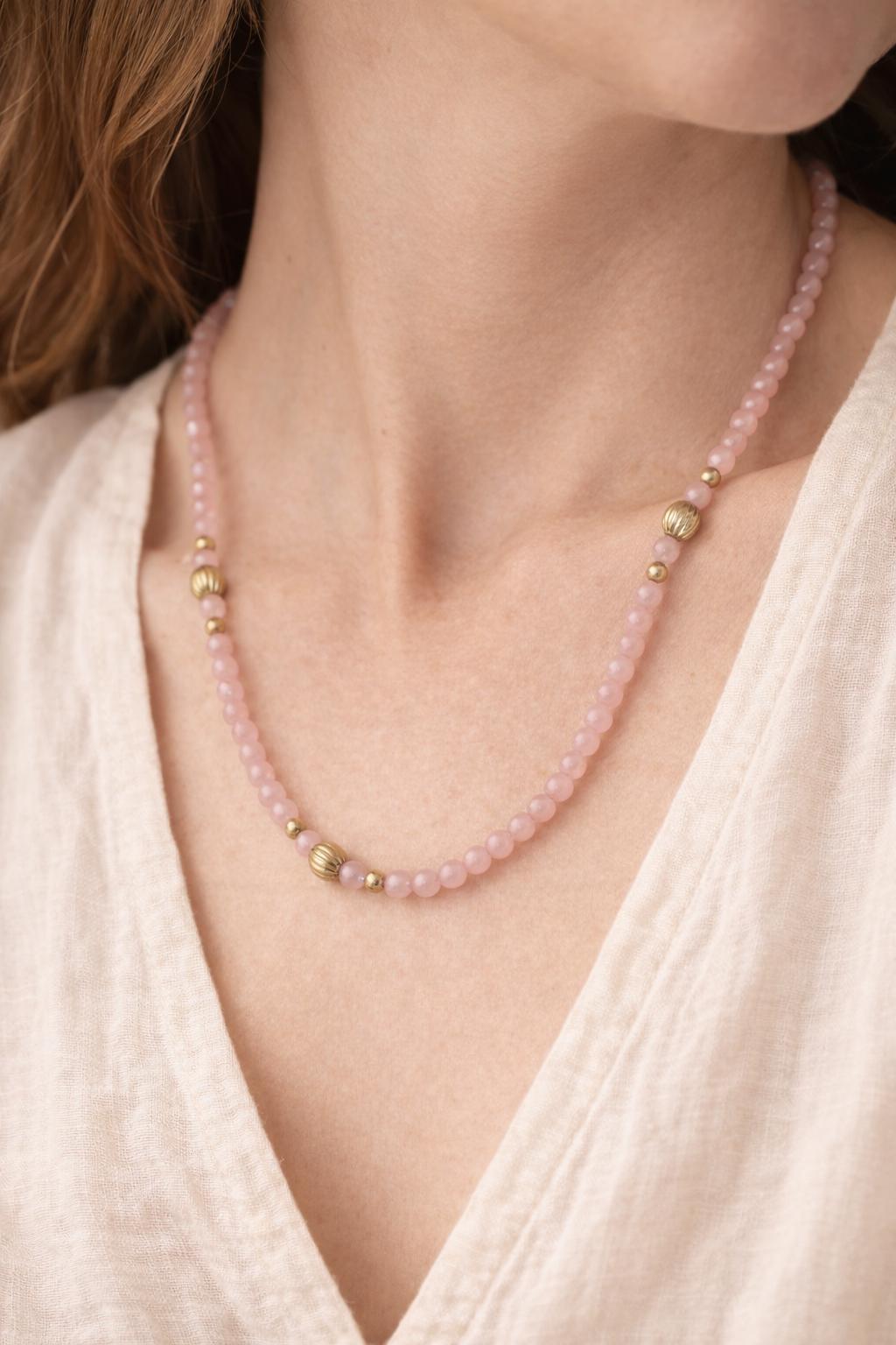 Vintage Pink Lucite Bead Necklace with Gold Ribbed Accent Beads, Blush Acrylic Statement Necklace, Minimalist Layering Jewelry