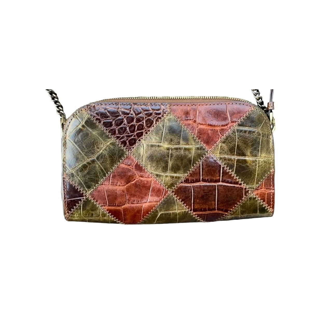 Embossed Croc Clutch – Stylish Patchwork Leather Bag with Zig Zag Stitch Detail