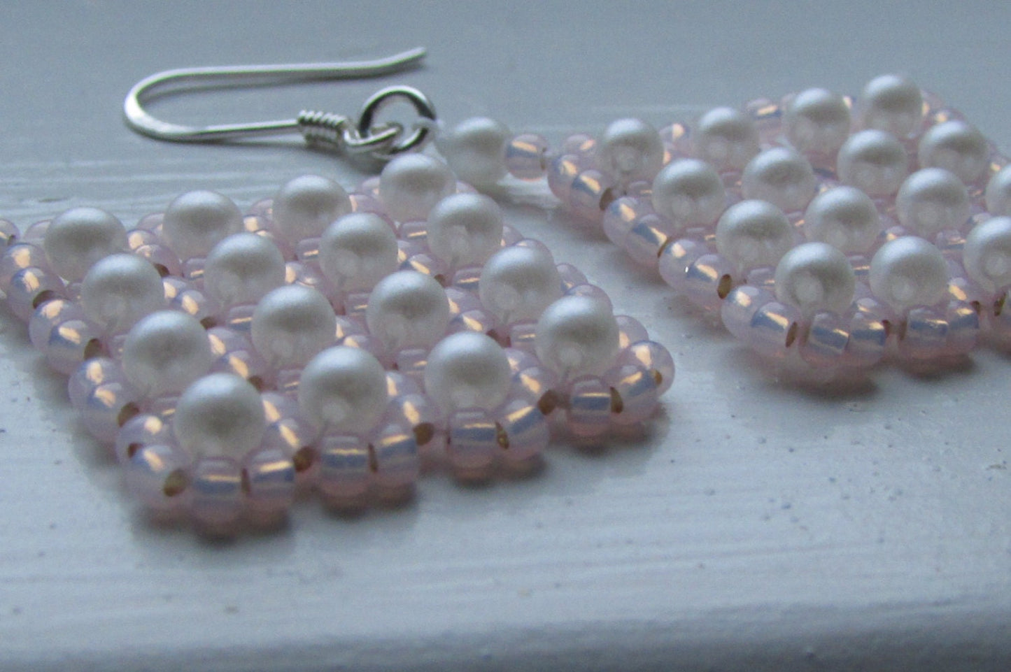 Intricately beaded, hand made, "puffed pillow pearls" small faux pearl beadwork dangle earrings
