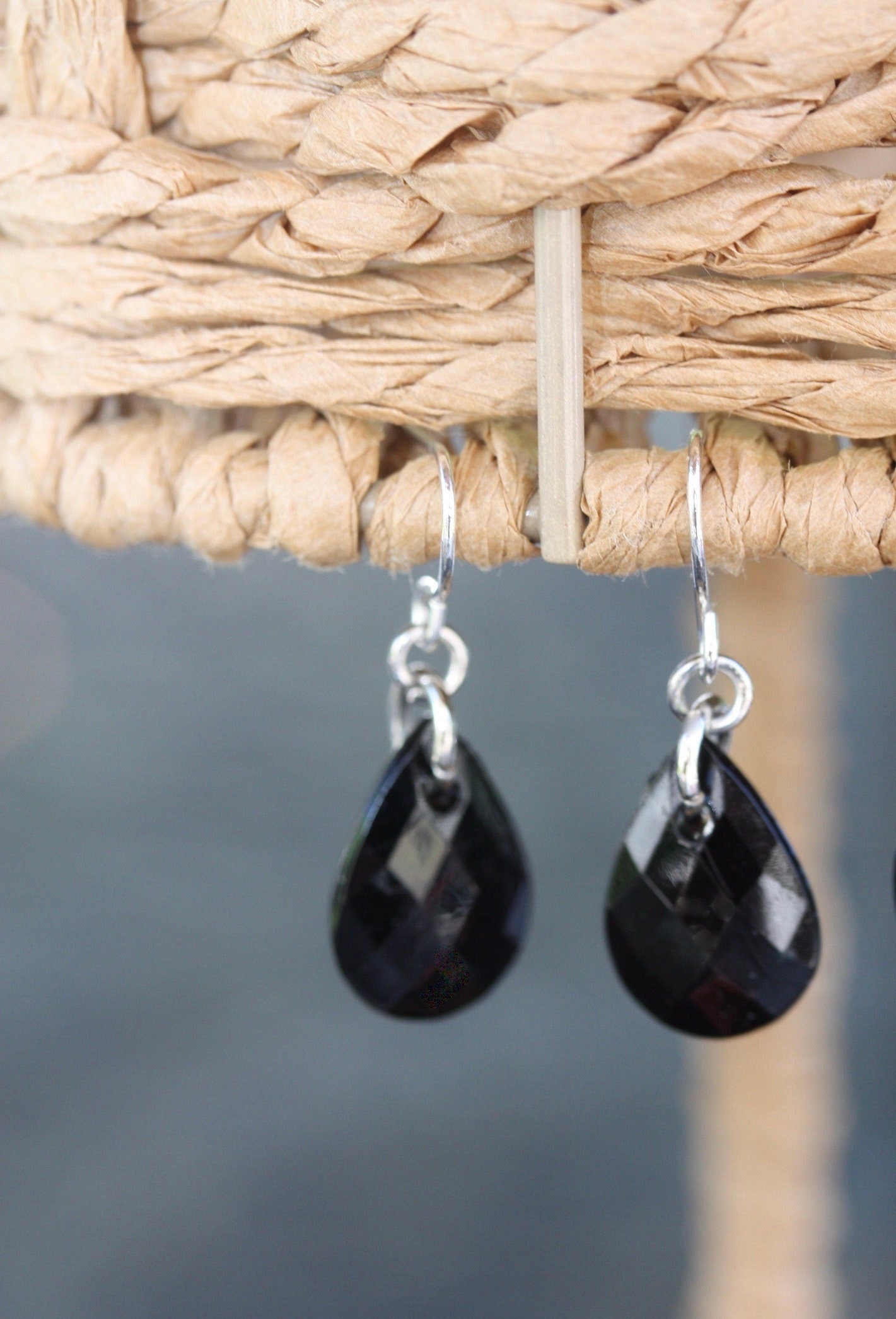 Black faceted teardrop dangle earrings - your choice: one drop, two drops or three drops