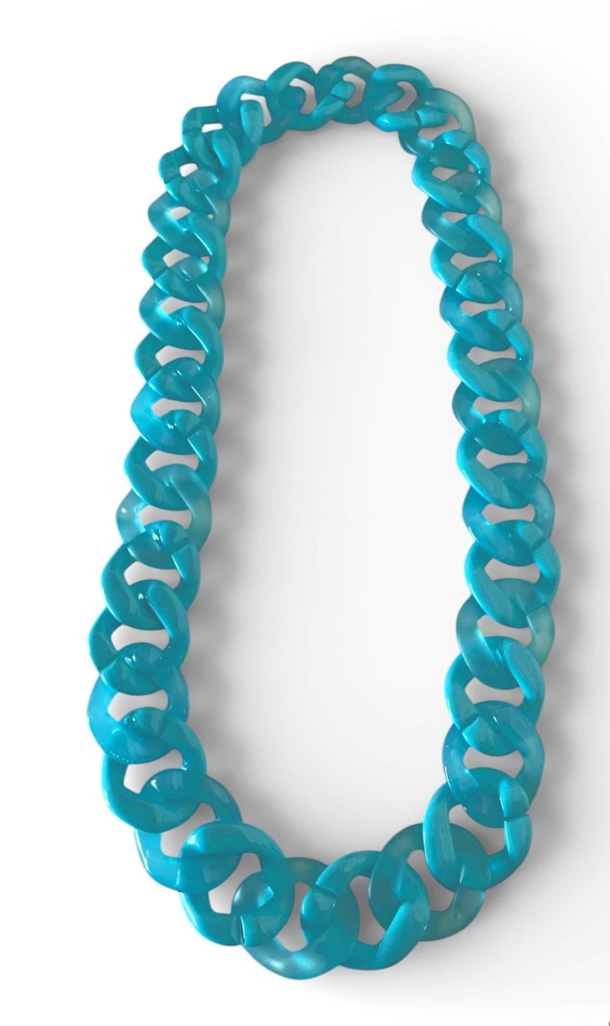 Vintage Turquoise Acrylic Chain Necklace – Oversized Lucite Link Statement Necklace – Bold 80s 90s Chunky Resin Collar
