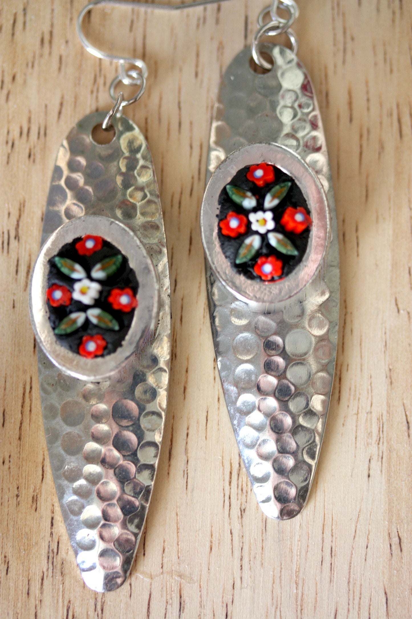 My handmade inlaid micro-mosaic on upcycled vintage hammered metal earrings - with sterling silver ear wires
