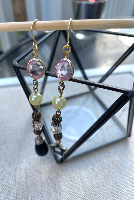 Unique long dangle earrings made with new and vintage materials - pink crystals, faux pearls, metal filigree, sterling silver abalone dangle
