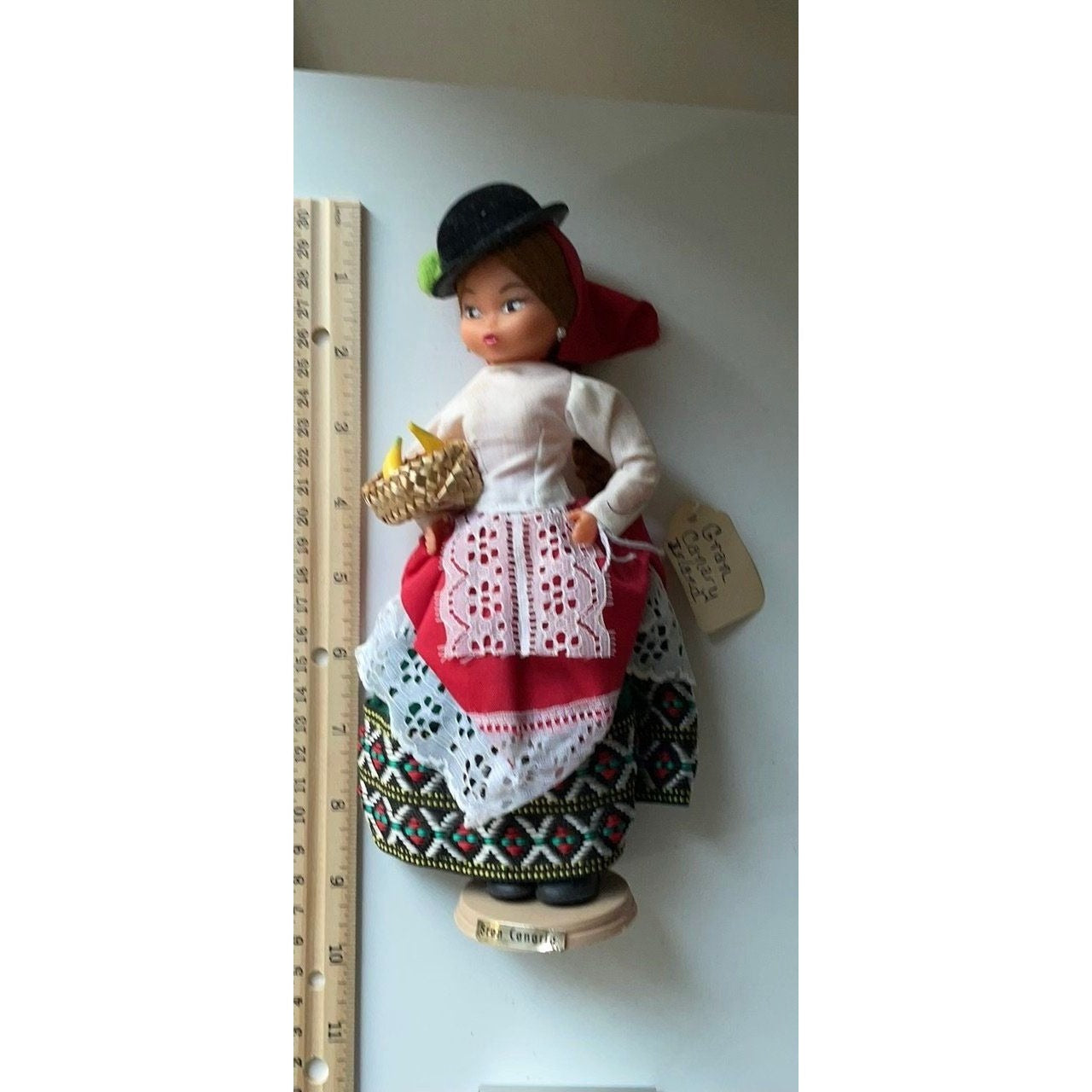 Vintage signed Muneca Artesana Beibi doll figurine - Made in Spain - holding wicker basket with miniature fruit