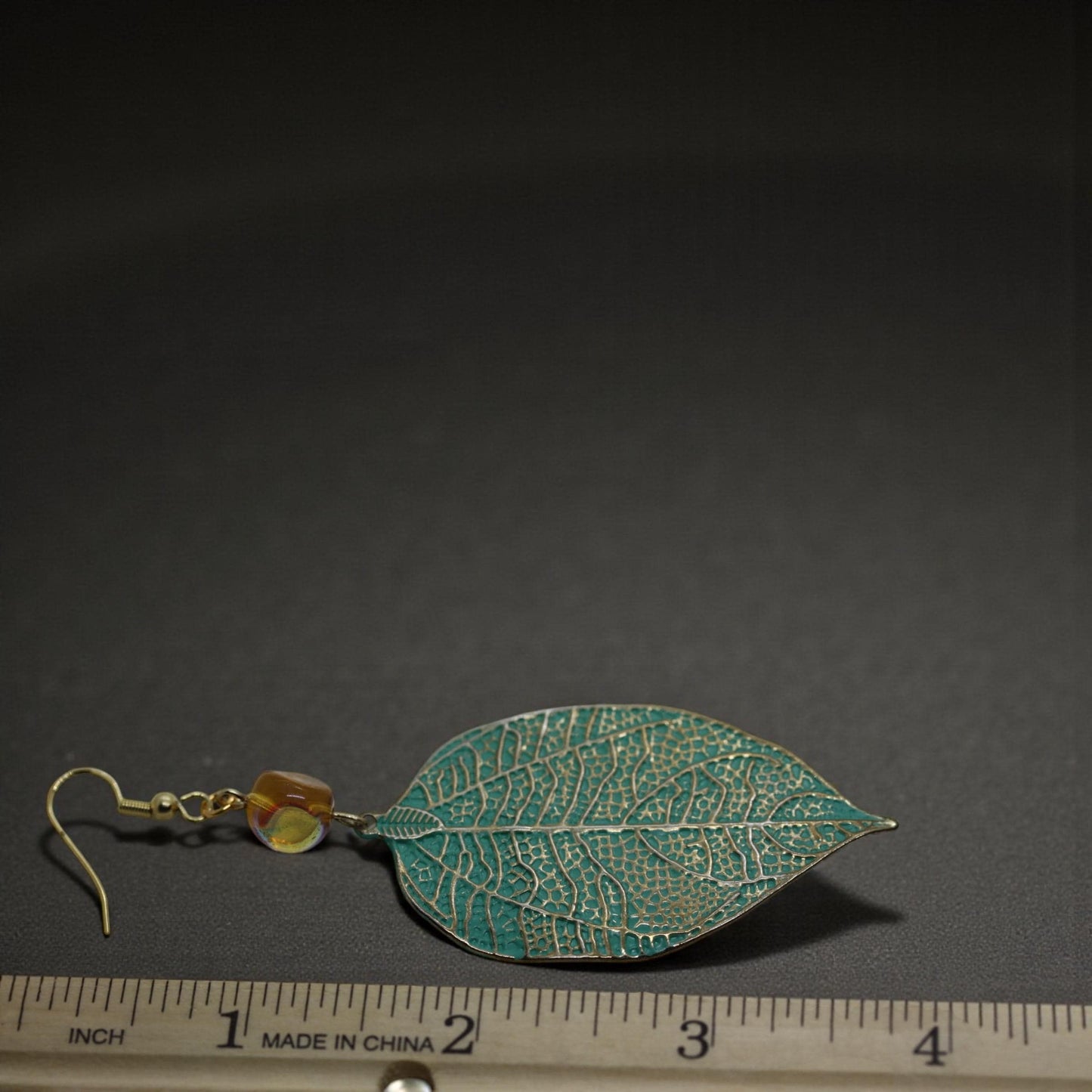 Handmade dangle earrings - Hand painted upcycled vintage leaf earrings with glass beads