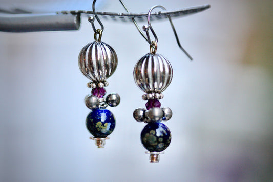 Swirled art glass, amethyst colored crystal and new/vintage metals handmade dangle earrings - with sterling silver ear wires