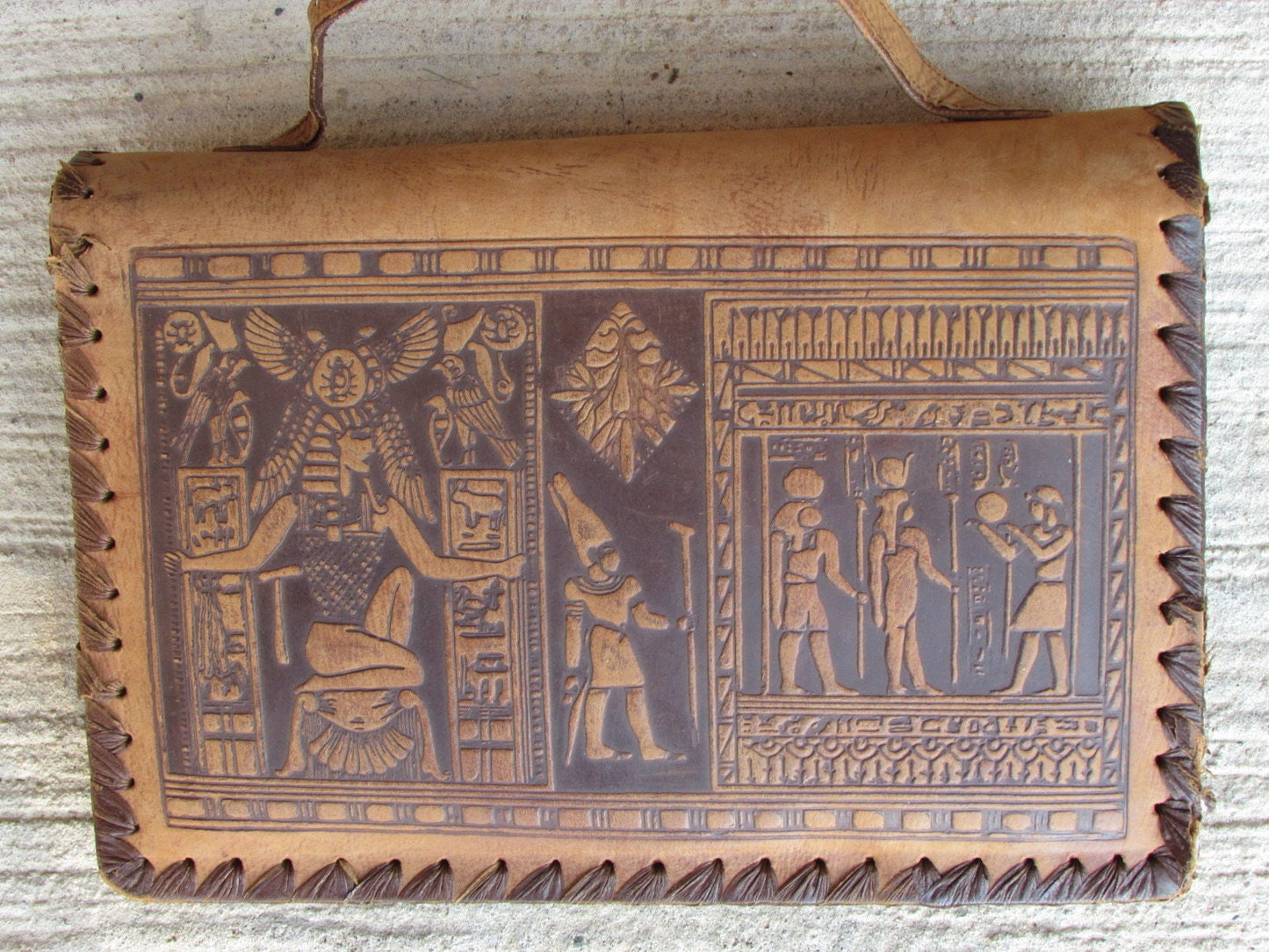 Vintage Leather Bag - Handmade Egyptian Messenger With Hieroglyphics Art