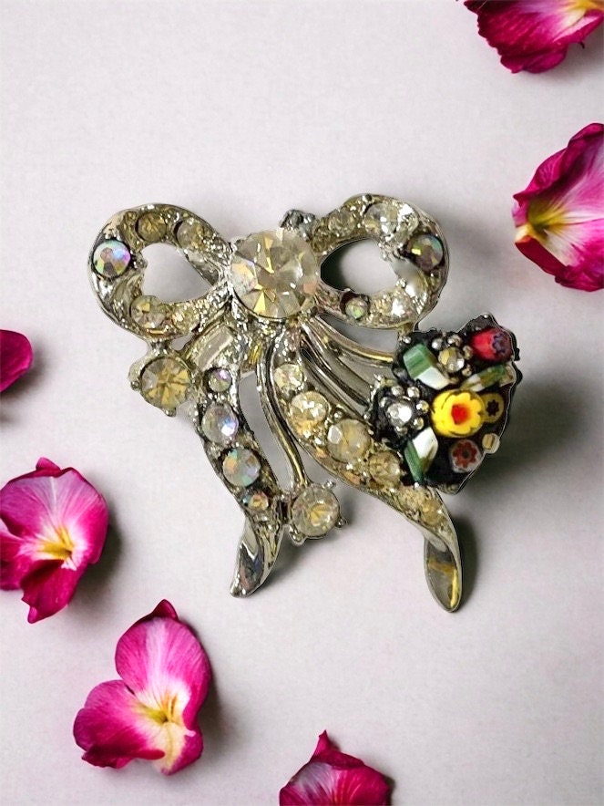 Charming upcycled vintage pin with rhinestones, handcut Italian glass and sweet millefiori flowers and leaves