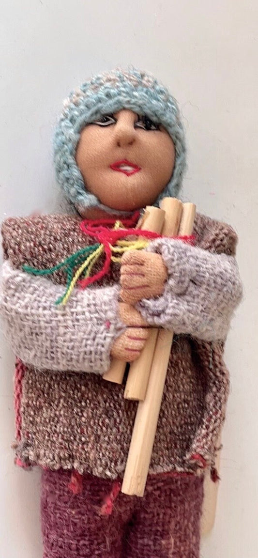 Vintage Bolivian man playing panpipes - collectible folk art doll with handmade woven wool clothing