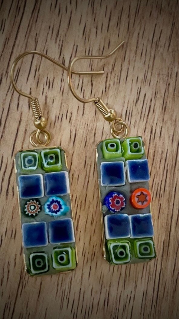 Small handmade micro mosaic glass and tile earrings