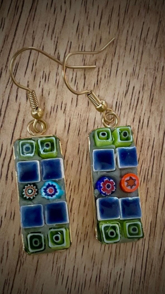 Small handmade micro mosaic glass and tile earrings