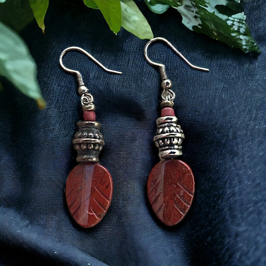 Carved Red Jasper Feather Dangle Earrings