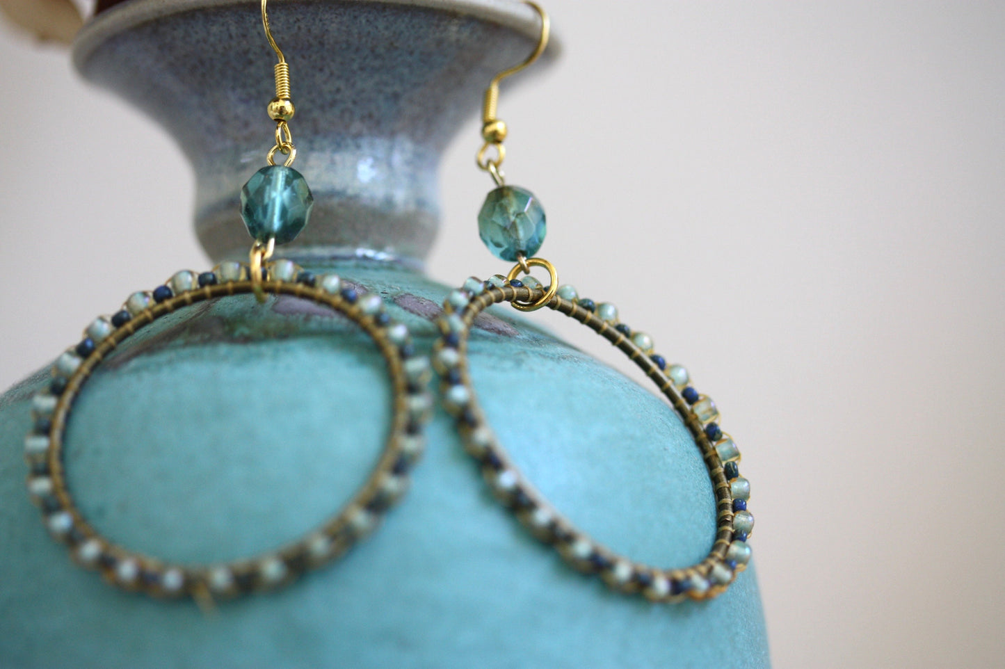 Beaded hoop earrings - shades of blue