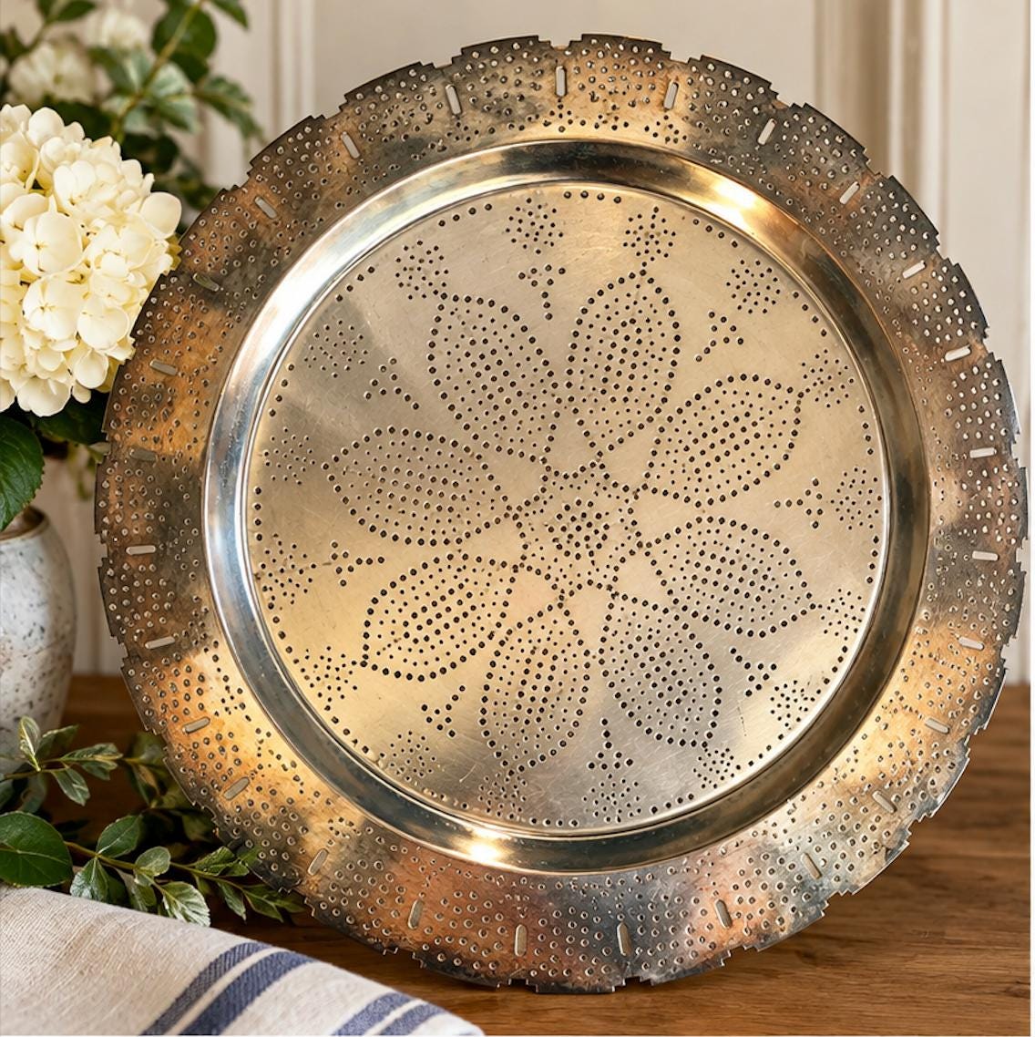 Paola Navone x Egizia Pierced Metal Tray | Designer Floral Serving Tray | Italian Design Decorative Charger