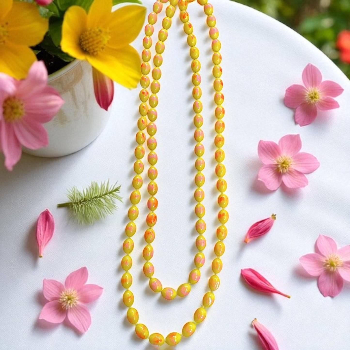Extra Long Vintage Swirl Necklace Yellow Pink Plastic Fun Retro Statement Jewelry - can be worn doubled