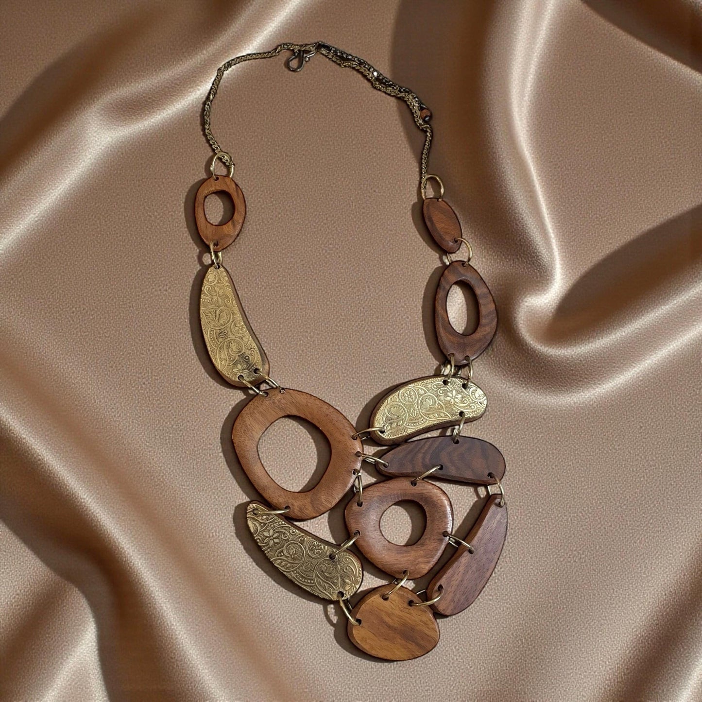 Vintage Wood Statement Necklace | Large Mixed Wood and Brass Tone Links | Boho Artisan Style Necklace | Chunky Wood Jewelry