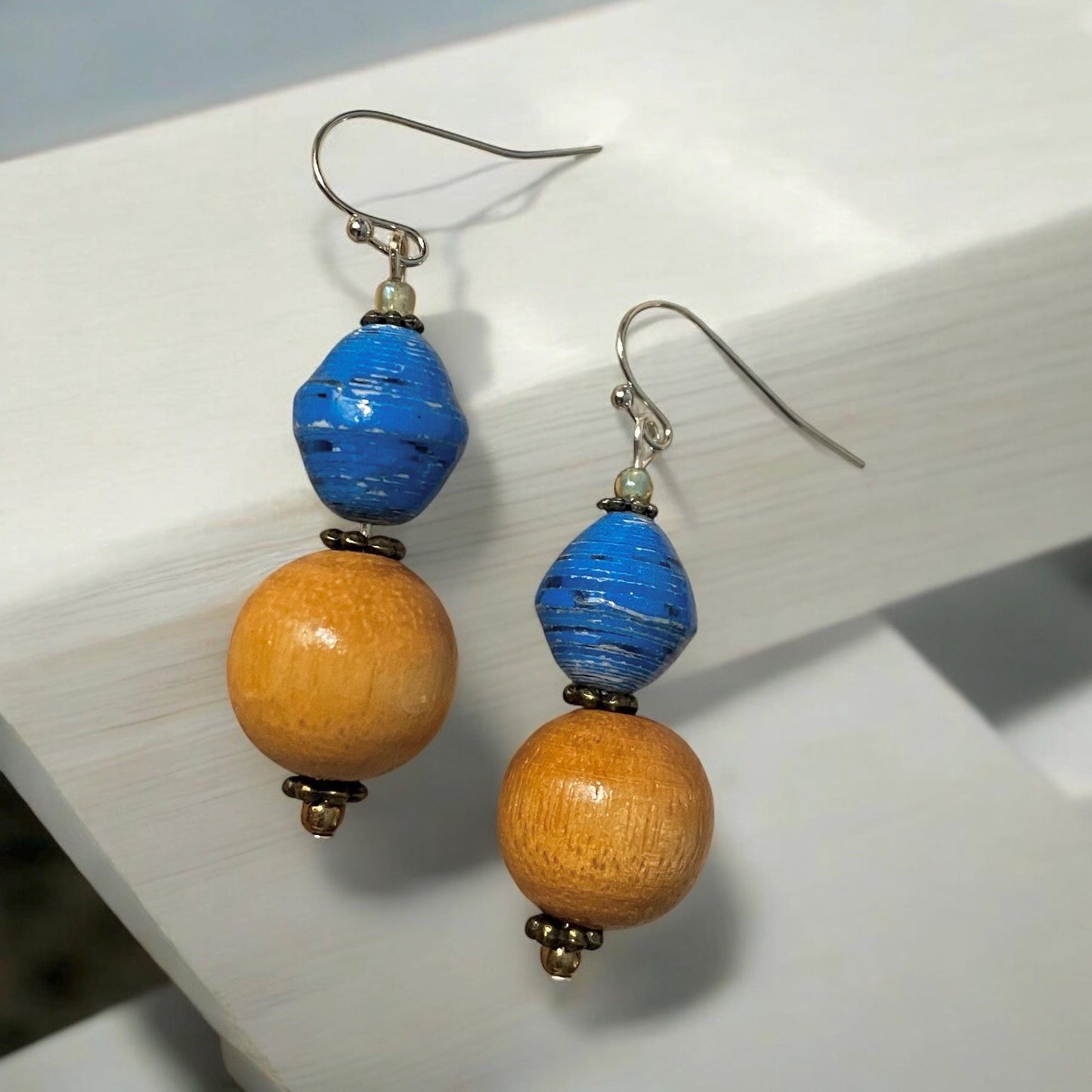 Rolled blue paper and tan wood beads handmade dangle earrings with vintage, upcycled and new elements