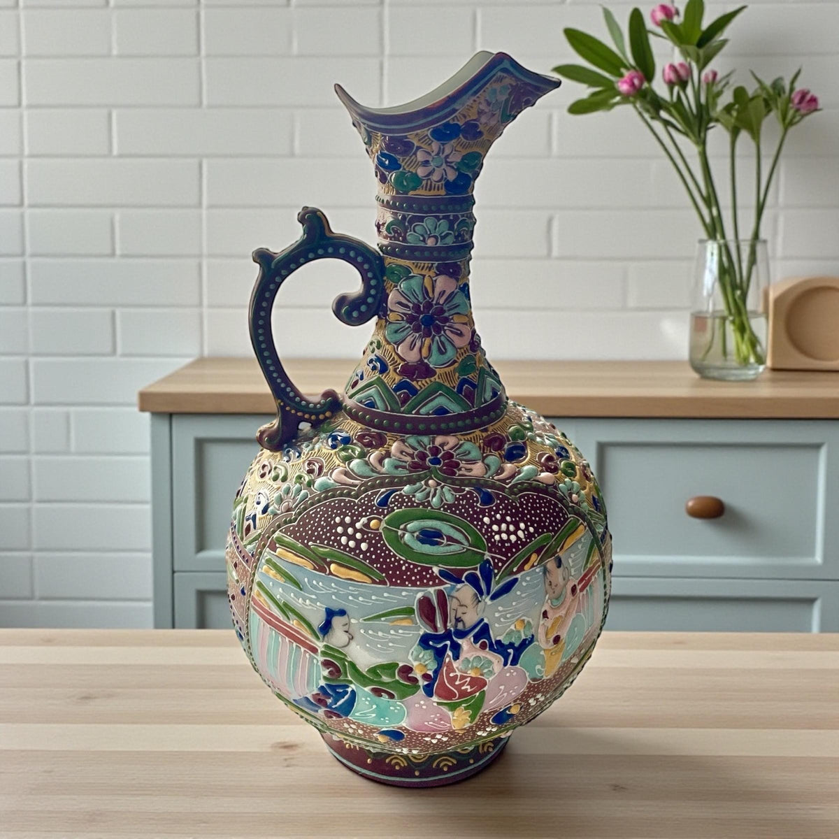 Antique Japanese Satsuma Moriage Pitcher | Hand Painted Figural Ewer Vase | Raised Enamel Gold Gilt | Meiji Style Art Pottery
