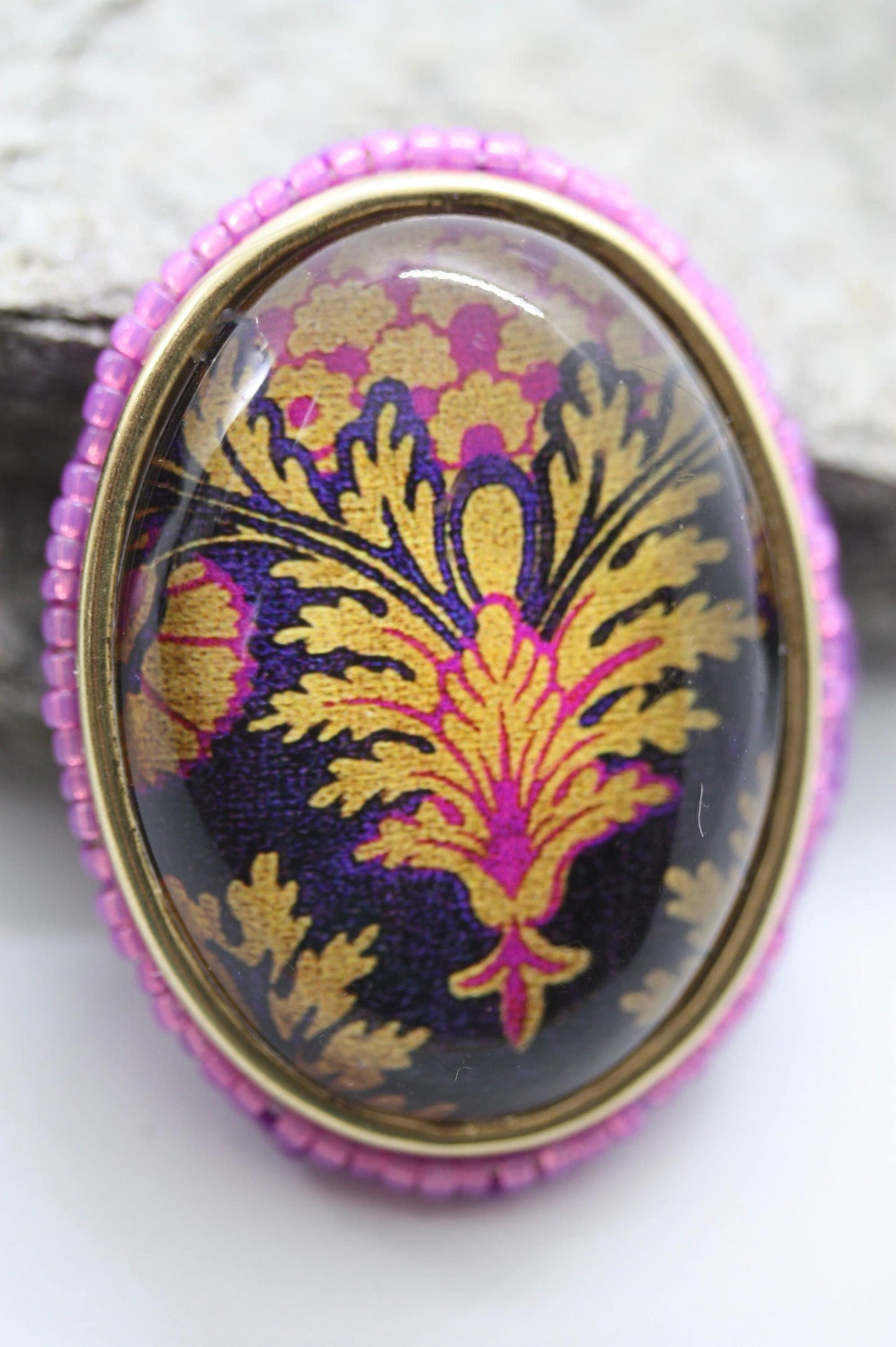 Handmade. beadwork and mixed material pink, purple and goldtone necklace pendant OR pin