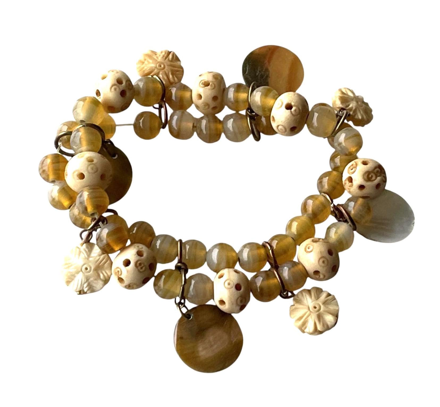 Vintage Beaded Charm Bracelet • Honey Amber Glass Beads • Carved Bone Beads • Mother of Pearl Charms • Boho Artisan Bracelet