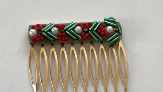 Mixed Material Mosaic Christmas themed metal hair comb -  micro mosaic / collage / Assemblage art / Millefiori