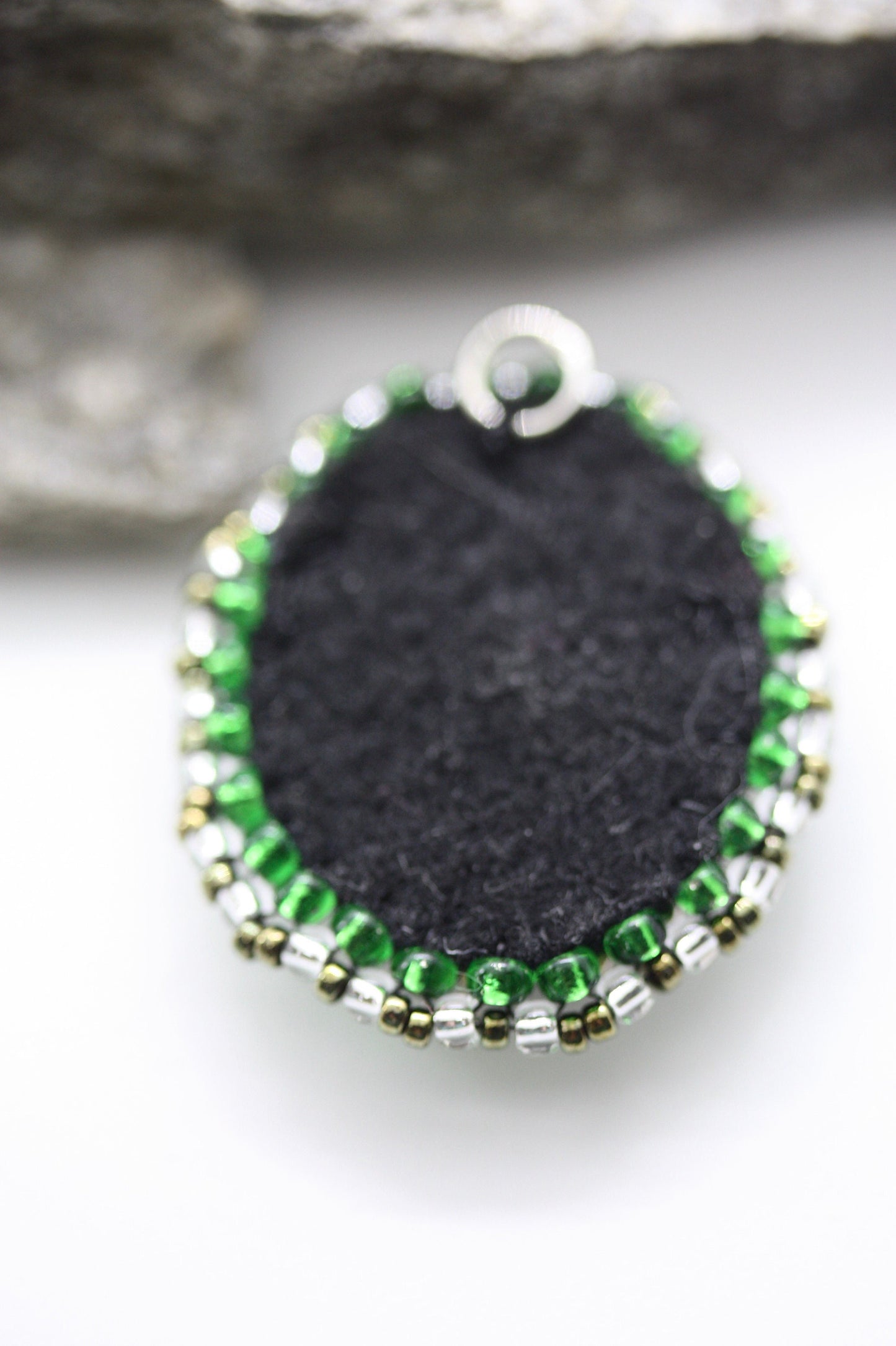 Handmade. mixed material and beadwork emerald green and rhinestone - necklace pendant
