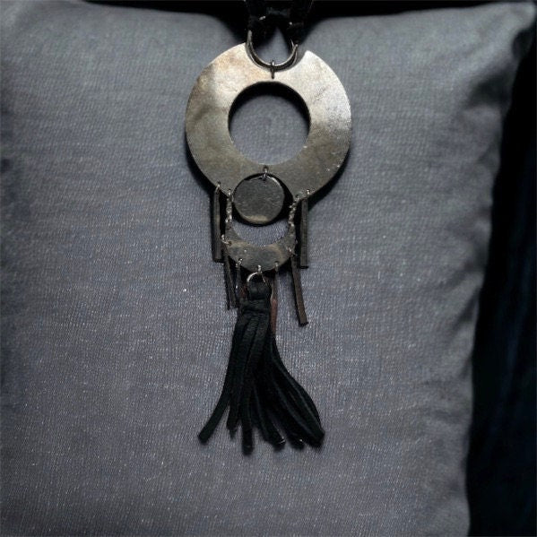 Unique vintage necklace with black suede and silvertone metal