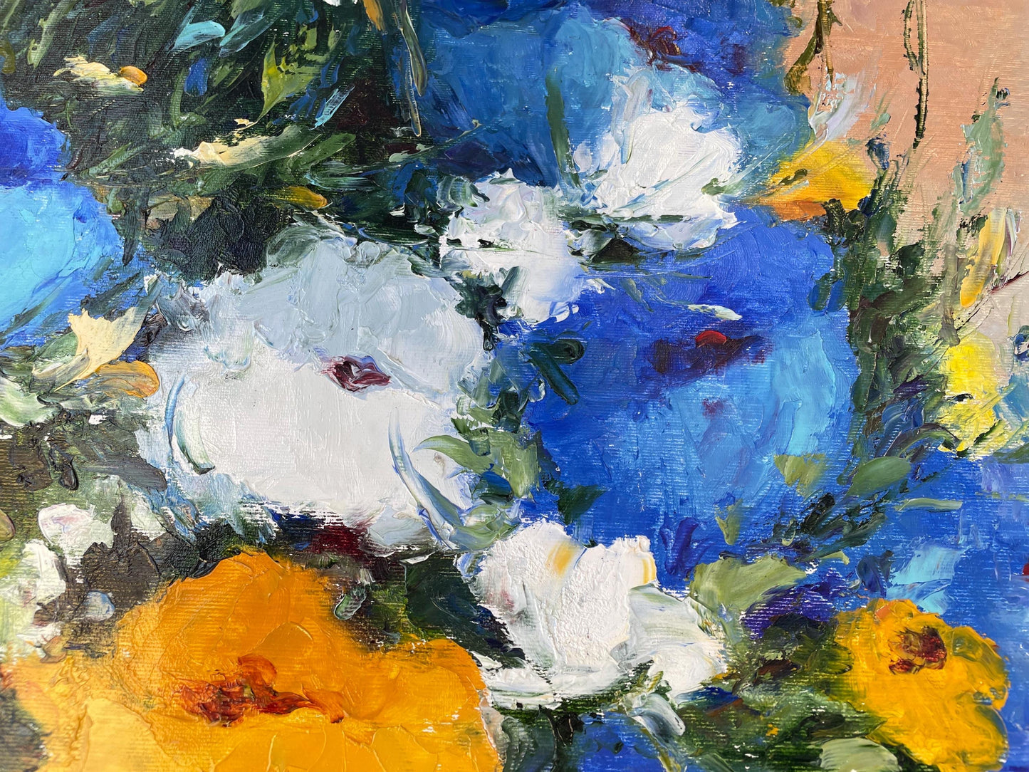 Original Signed Abstract Floral Painting – Large Blue & Yellow Impasto Flowers, Hand-Painted Textured Canvas Art