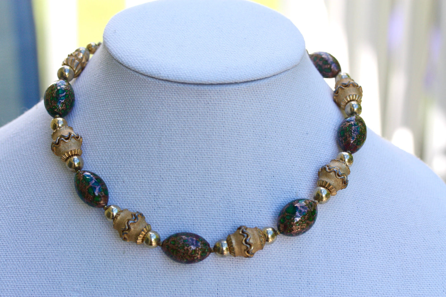 Rare Crown Trifari 1950's Murano Glass Beaded Etruscan Style Necklace - green and gold