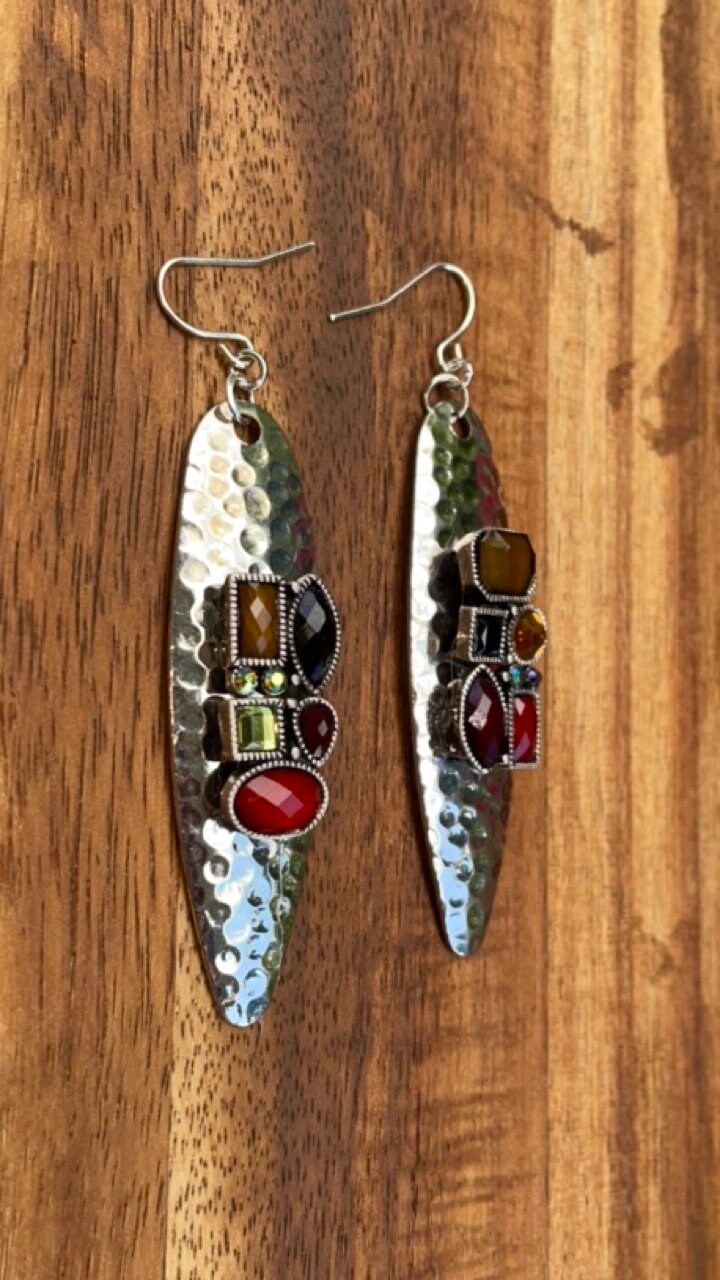 Hammered metal earrings with rhinestone studded mixed media collage