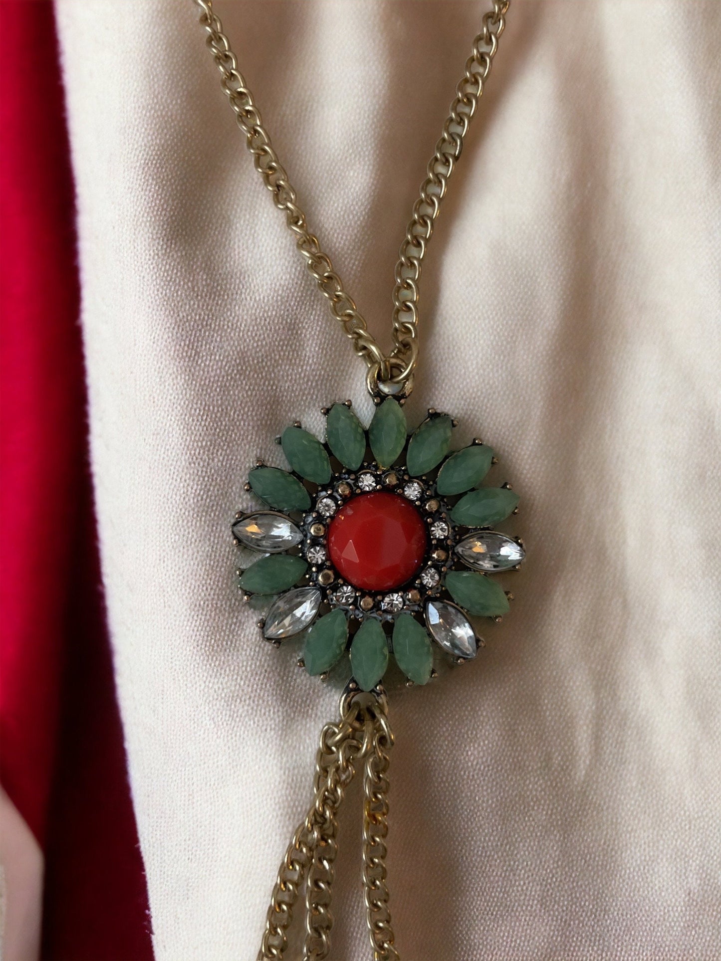 Pretty vintage necklace - turquoise and orange mandela style focal with dangles