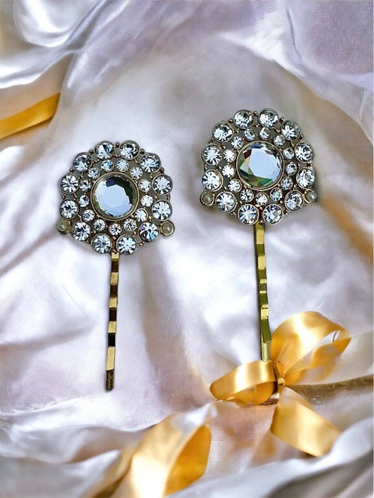 Pair of rhinestone hair combs or hair pins - all white rhinestones trimmed with tiny faux baby pearls