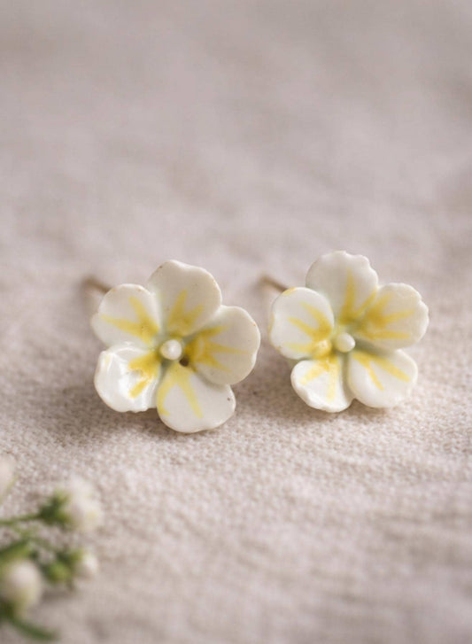Vintage Porcelain Flower Stud Earrings, Hand Painted Floral Earrings, Cottagecore Botanical Jewelry, Tiny White Yellow Flower Studs