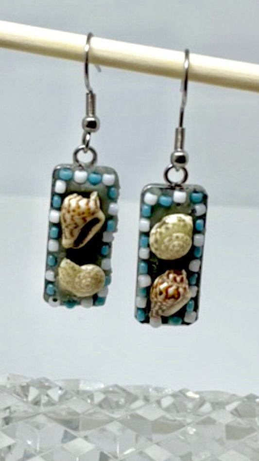 Small mosaic tile beach themed shell and glass blue and white small (1 inch) handmade dangle earrings
