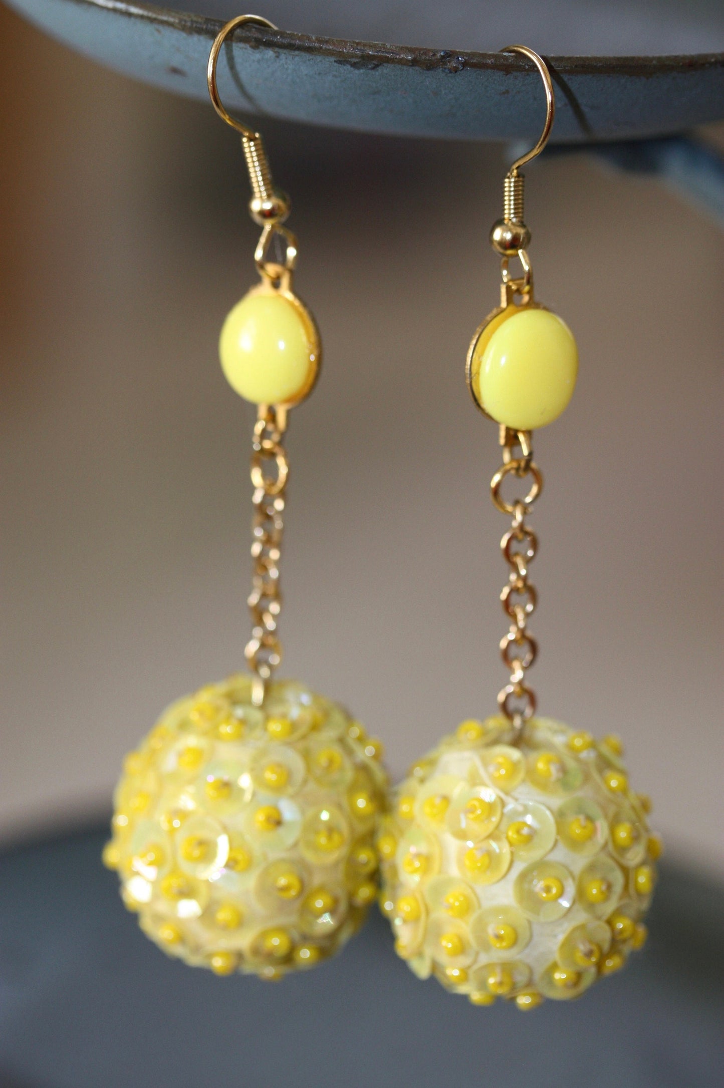 Upcycled yellow sequined ball drop earrings