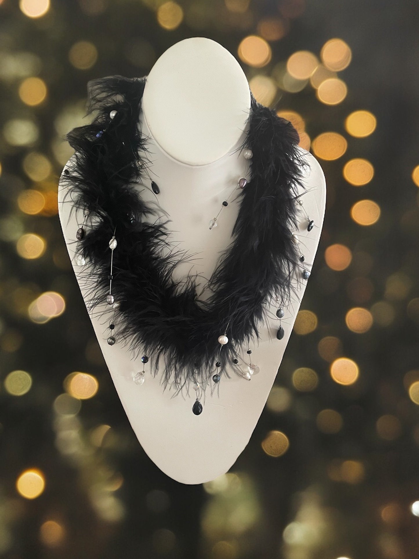 Unique vintage black feather necklace with crystals and pearls
