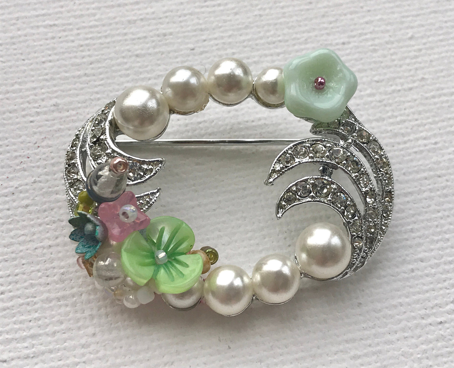Revised, Modernized, Upcycled - hand made / hand painted one-of-a-kind mixed media beaded vintage wreath flower pin brooch