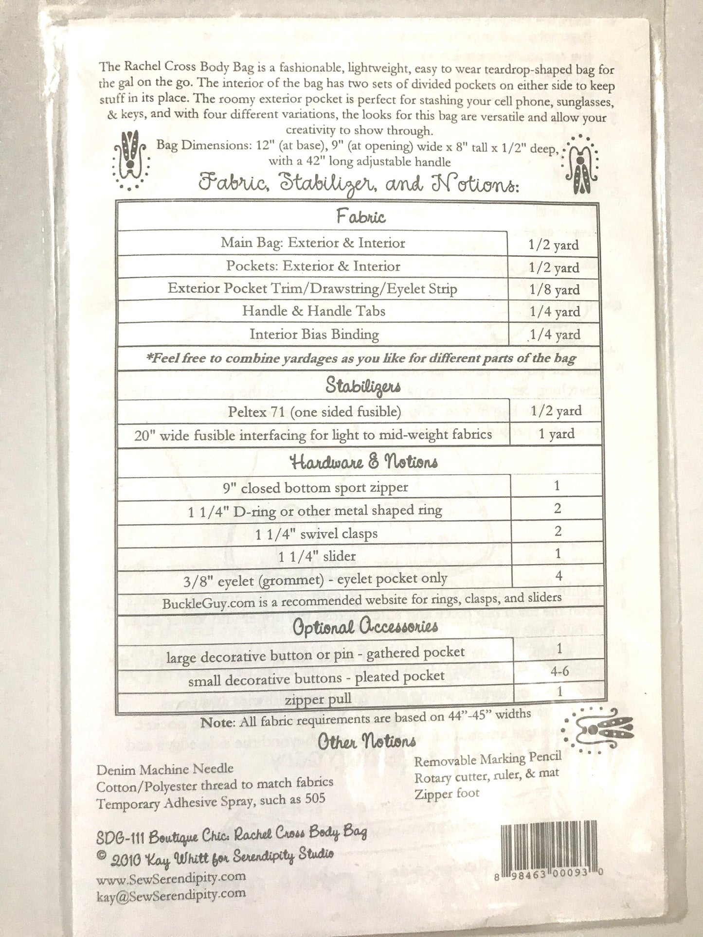 UNCUT Sewing Pattern - Serendipity studio - Rachel cross body handbag pattern #111