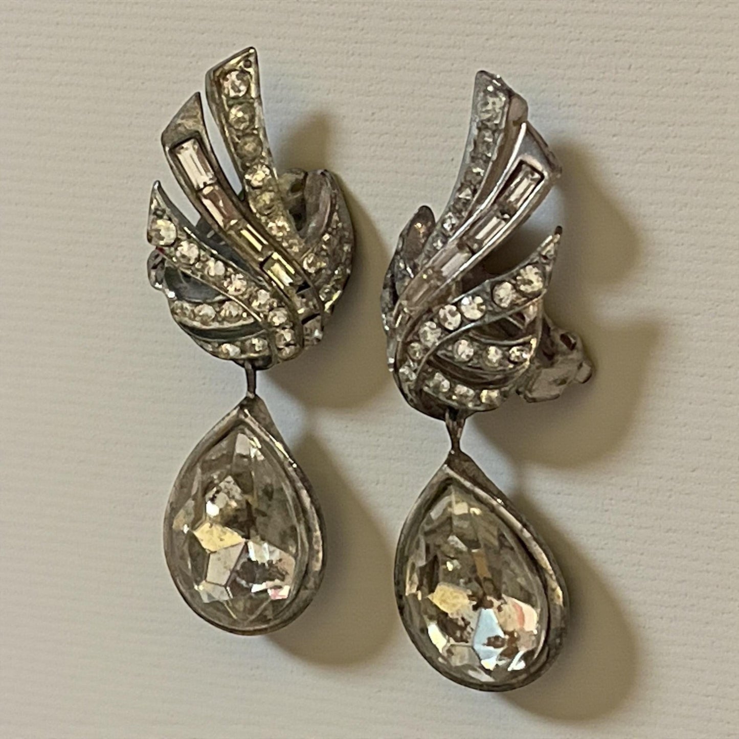 Vintage Rhinestone Teardrop Clip On Earrings | Silver Tone Art Deco Statement Dangle Jewelry